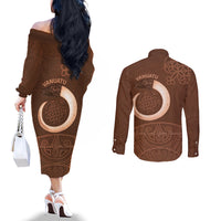 Vanuatu Indipendens Dei Couples Matching Off The Shoulder Long Sleeve Dress and Long Sleeve Button Shirt Yumi Sand Drawing Turtle Mix Lapita LT14 - Polynesian Pride