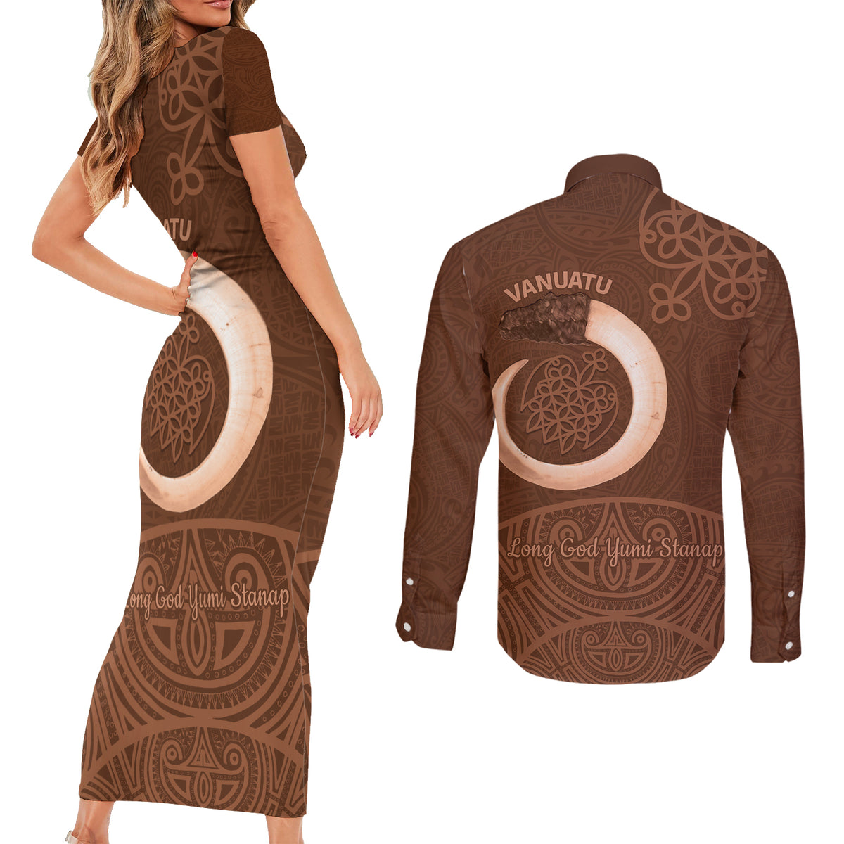 Vanuatu Indipendens Dei Couples Matching Short Sleeve Bodycon Dress and Long Sleeve Button Shirt Yumi Sand Drawing Turtle Mix Lapita LT14 - Polynesian Pride