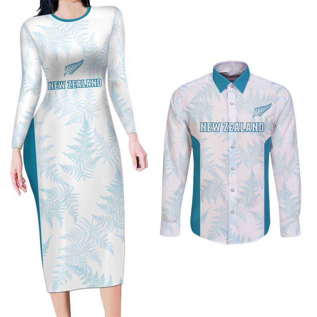 Custom New Zealand Silver Fern Football Couples Matching Long Sleeve Bodycon Dress and Long Sleeve Button Shirt Come On All White