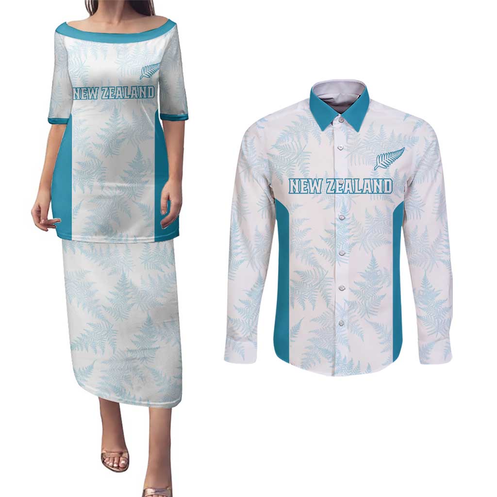 Custom New Zealand Silver Fern Football Couples Matching Puletasi and Long Sleeve Button Shirt Come On All White