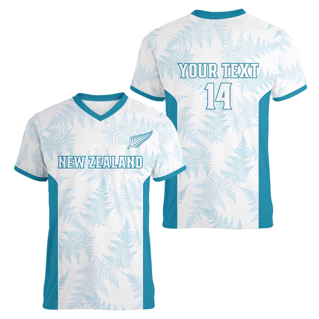 Custom New Zealand Silver Fern Football Women V-Neck T-Shirt Come On All White LT14 - Polynesian Pride