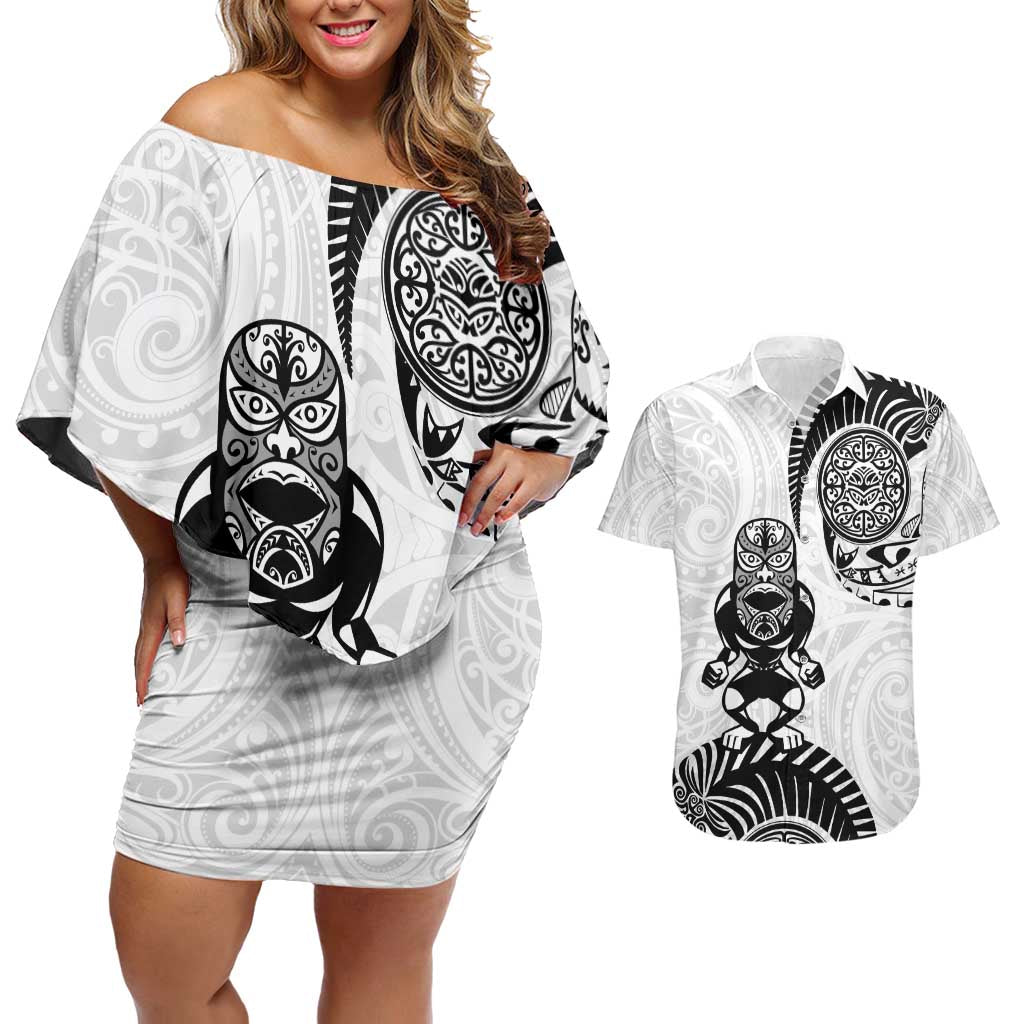 Custom Aotearoa Football Couples Matching Off Shoulder Short Dress and Hawaiian Shirt NZ Maori Tiki Go Champions