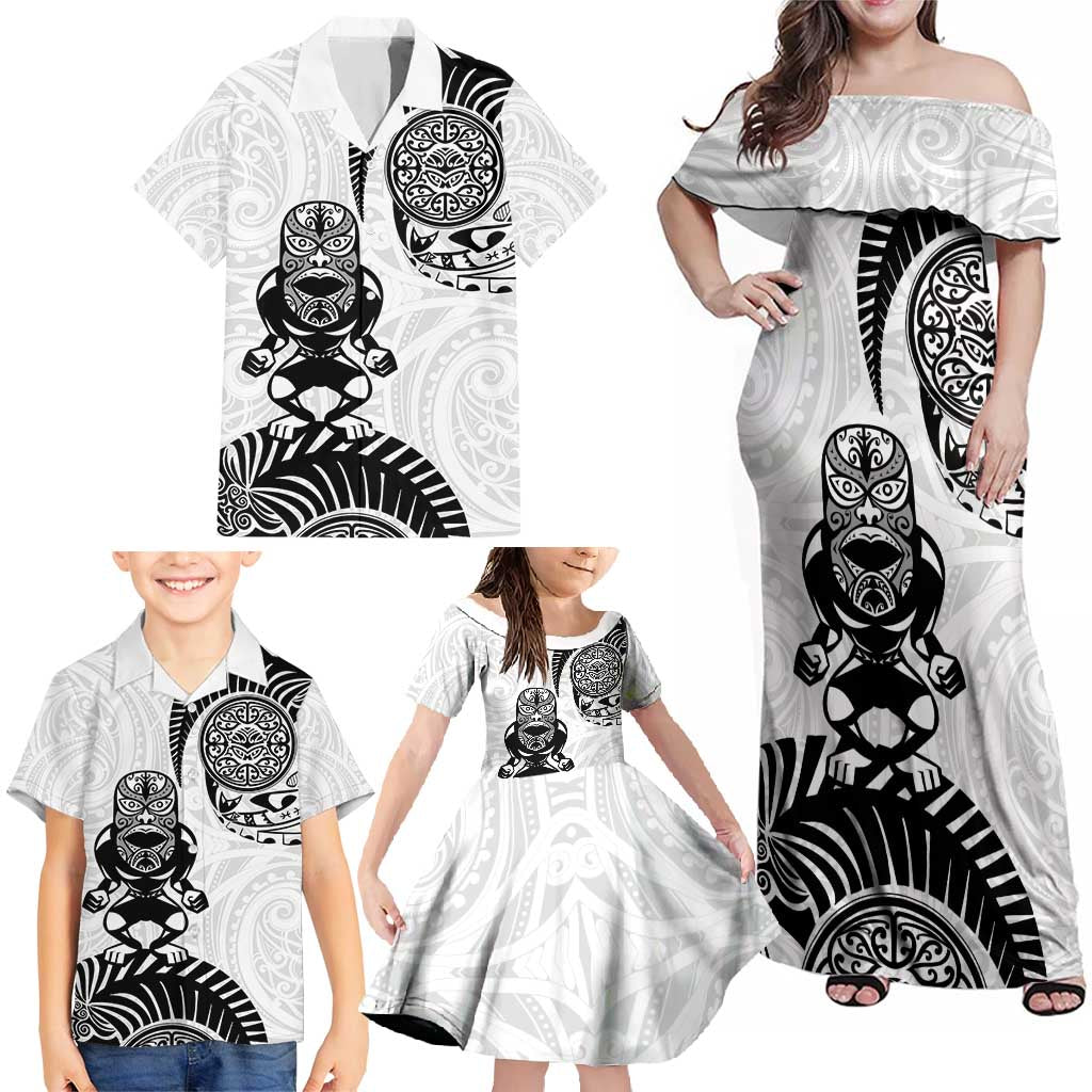 Custom Aotearoa Football Family Matching Off Shoulder Maxi Dress and Hawaiian Shirt NZ Maori Tiki Go Champions