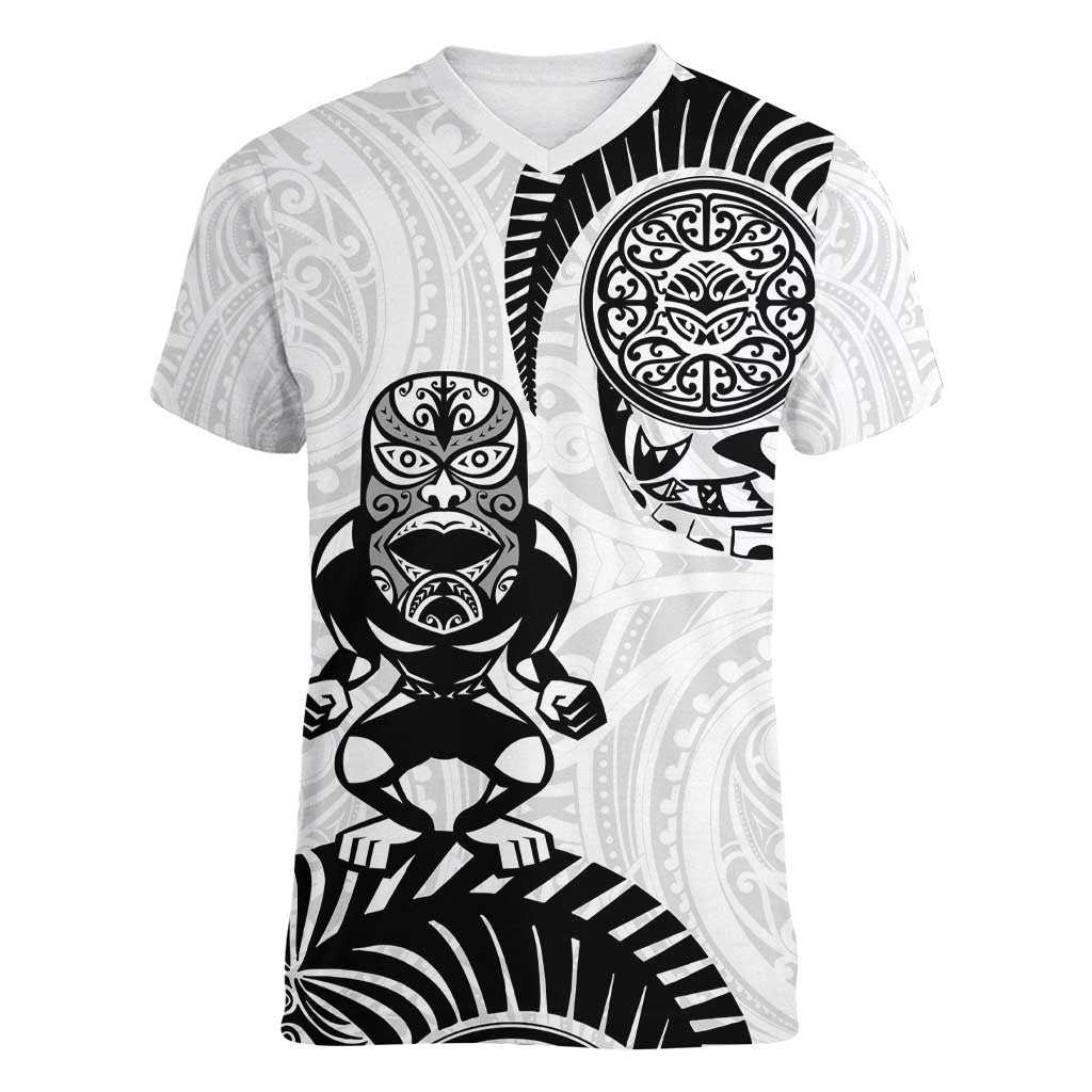 Custom Aotearoa Football Women V-Neck T-Shirt NZ Maori Tiki Go Champions LT14 Female White - Polynesian Pride
