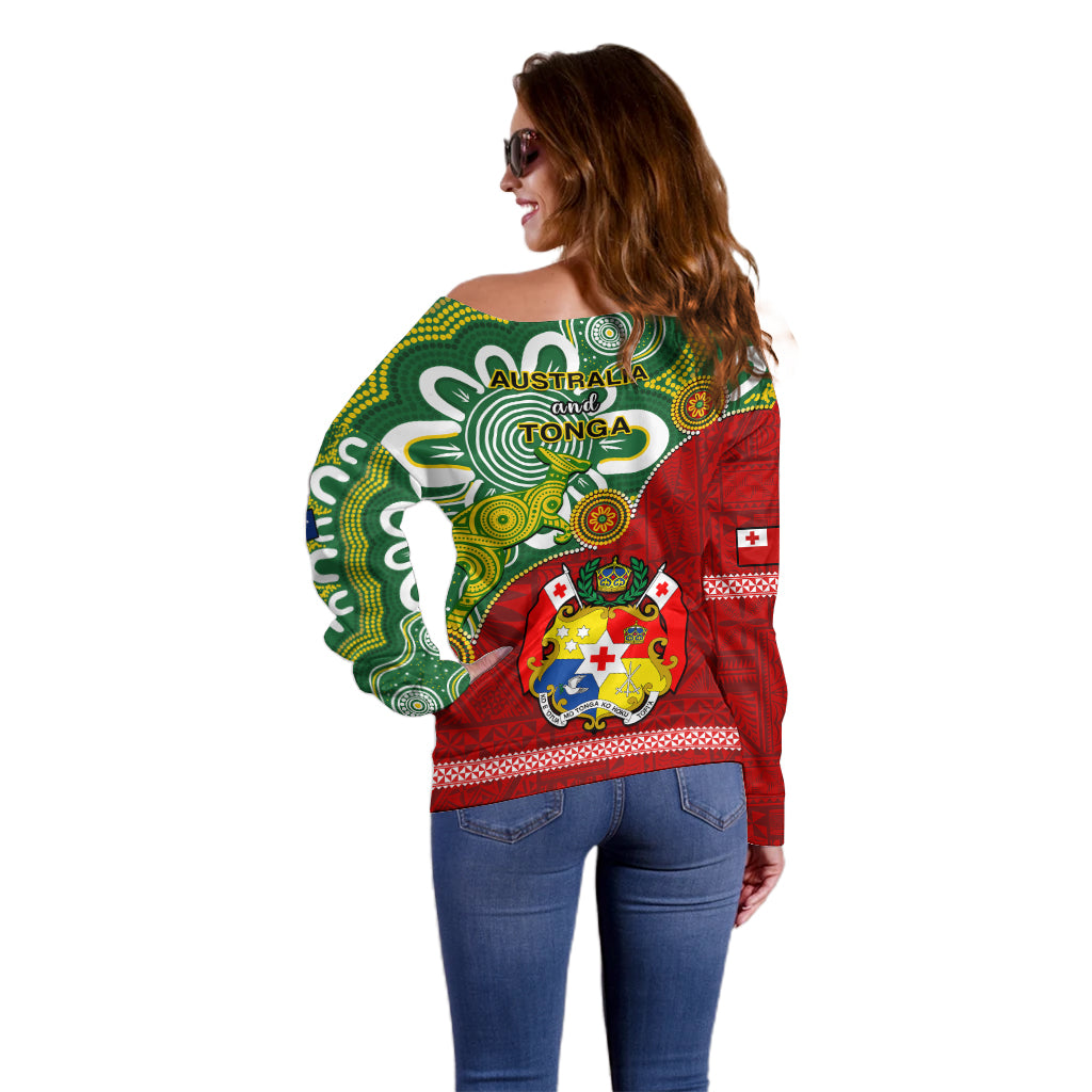 Australia And Tonga Off Shoulder Sweater Aboriginal Mix Tongan Ngatu Unique Style LT14 - Polynesian Pride