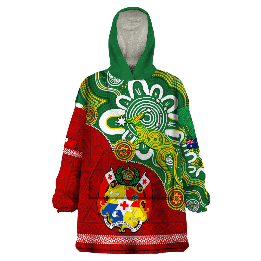 Australia And Tonga Wearable Blanket Hoodie Aboriginal Mix Tongan Ngatu Unique Style LT14 One Size Green - Polynesian Pride