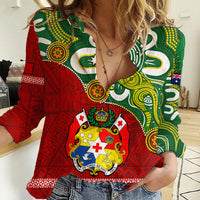 Australia And Tonga Women Casual Shirt Aboriginal Mix Tongan Ngatu Unique Style LT14 Female Green - Polynesian Pride