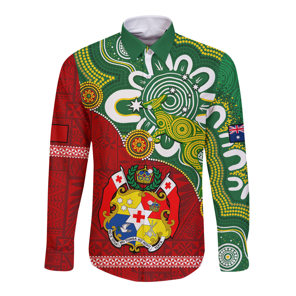 Personalised Australia And Tonga Long Sleeve Button Shirt Aboriginal Mix Tongan Ngatu Unique Style LT14 Unisex Green - Polynesian Pride