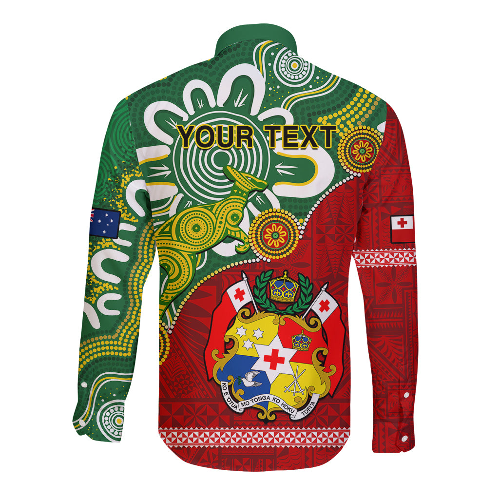 Personalised Australia And Tonga Long Sleeve Button Shirt Aboriginal Mix Tongan Ngatu Unique Style LT14 - Polynesian Pride