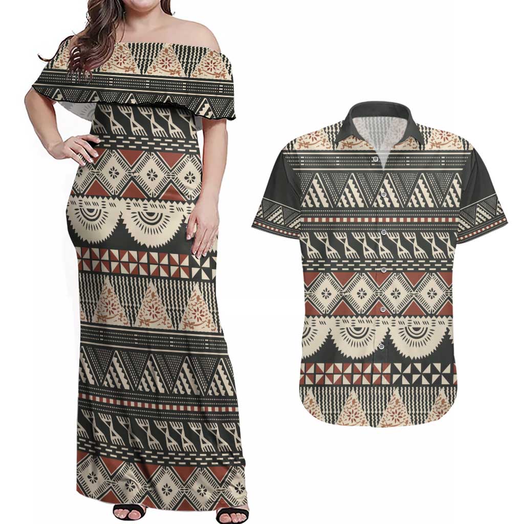 Vintage Bula Fiji Masi Couples Matching Off Shoulder Maxi Dress and Hawaiian Shirt Fijian Tapa Cloth - Polynesian Pride