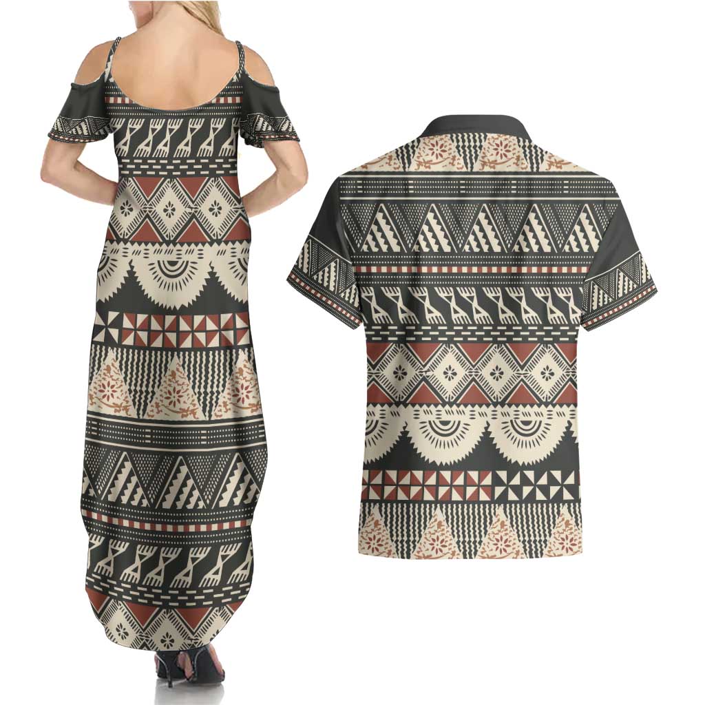 Vintage Bula Fiji Masi Couples Matching Summer Maxi Dress and Hawaiian Shirt Fijian Tapa Cloth - Polynesian Pride