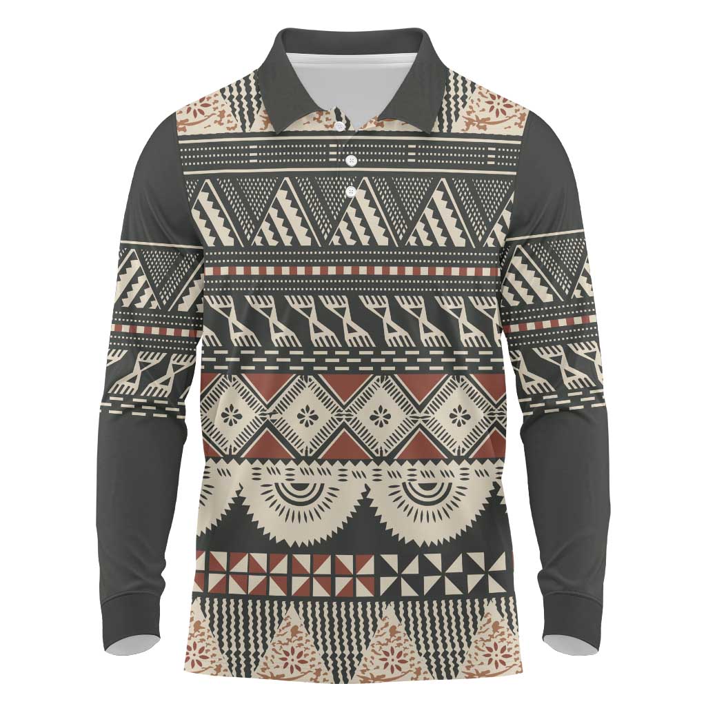Vintage Bula Fiji Masi Long Sleeve Polo Shirt Fijian Tapa Cloth - Polynesian Pride