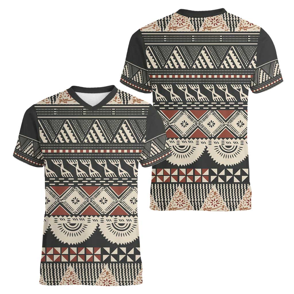 Vintage Bula Fiji Masi Women V-Neck T-Shirt Fijian Tapa Cloth - Polynesian Pride