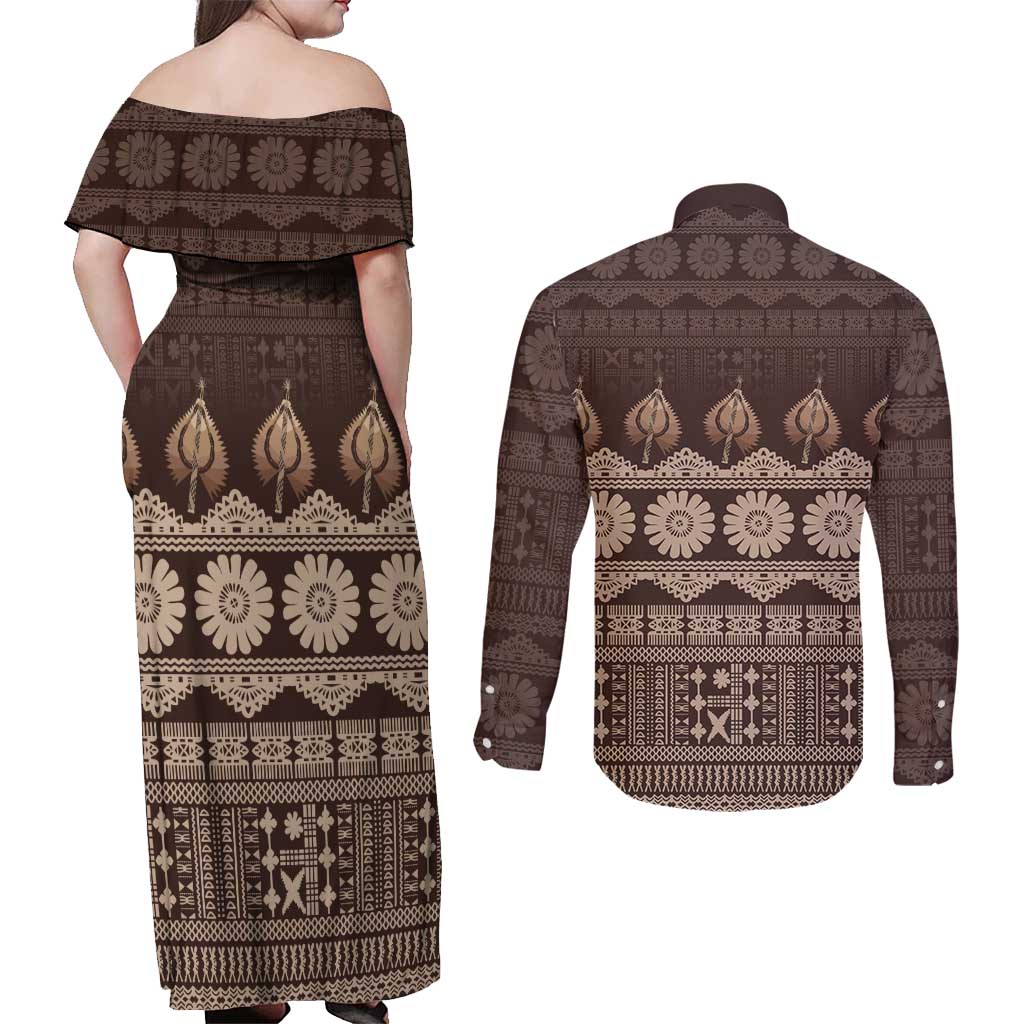 Bula Fiji Iri ni Meke Couples Matching Off Shoulder Maxi Dress and Long Sleeve Button Shirt Kuvui Fijian Masi - Polynesian Pride