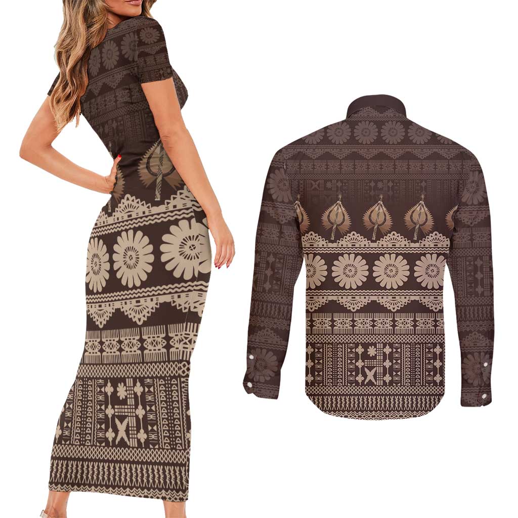 Bula Fiji Iri ni Meke Couples Matching Short Sleeve Bodycon Dress and Long Sleeve Button Shirt Kuvui Fijian Masi - Polynesian Pride