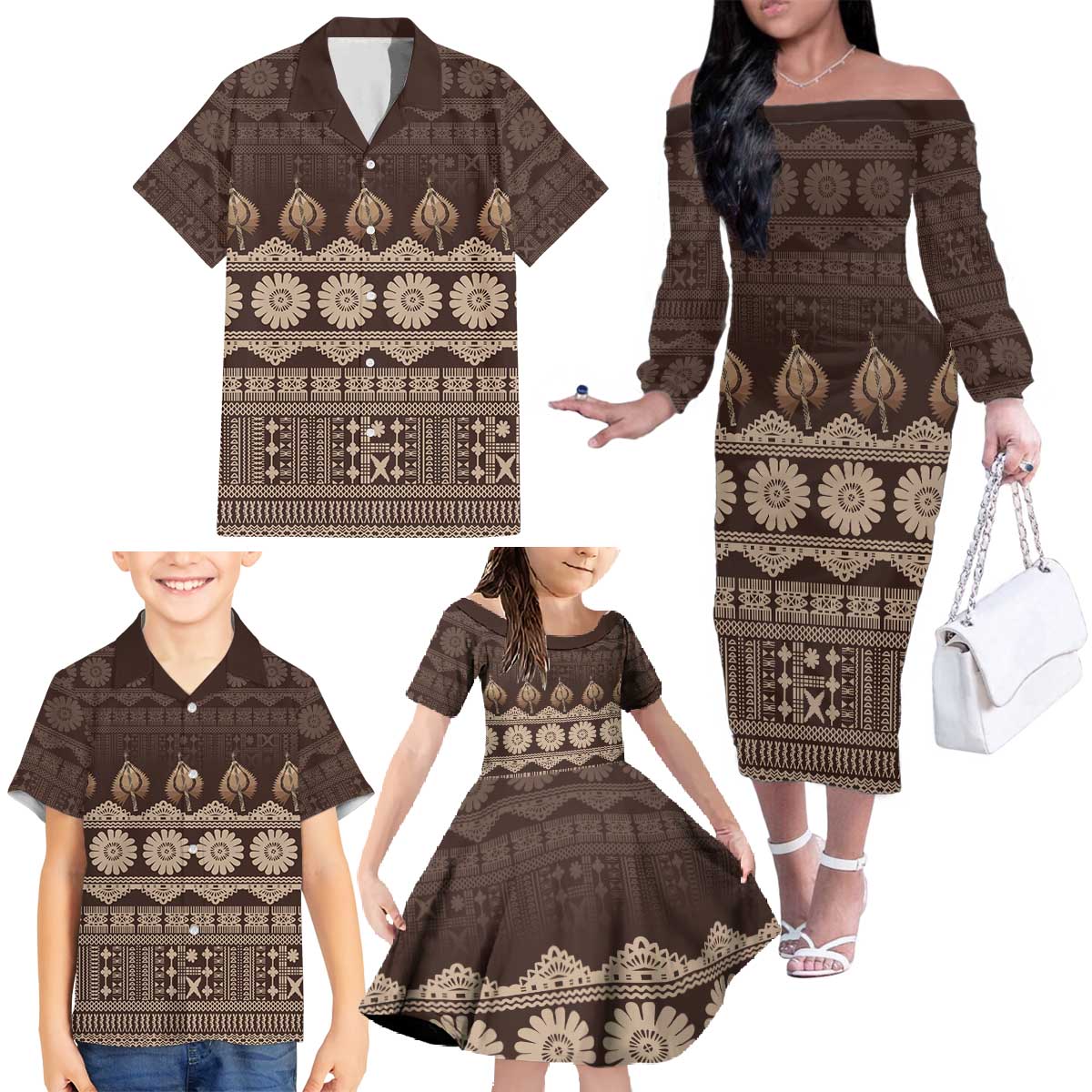 Bula Fiji Iri ni Meke Family Matching Off The Shoulder Long Sleeve Dress and Hawaiian Shirt Kuvui Fijian Masi - Polynesian Pride