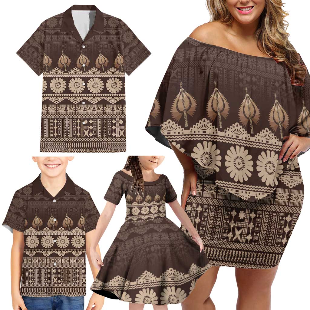 Bula Fiji Iri ni Meke Family Matching Off Shoulder Short Dress and Hawaiian Shirt Kuvui Fijian Masi - Polynesian Pride