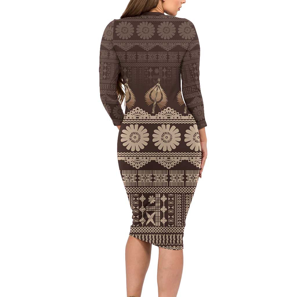 Bula Fiji Iri ni Meke Long Sleeve Bodycon Dress Kuvui Fijian Masi - Polynesian Pride