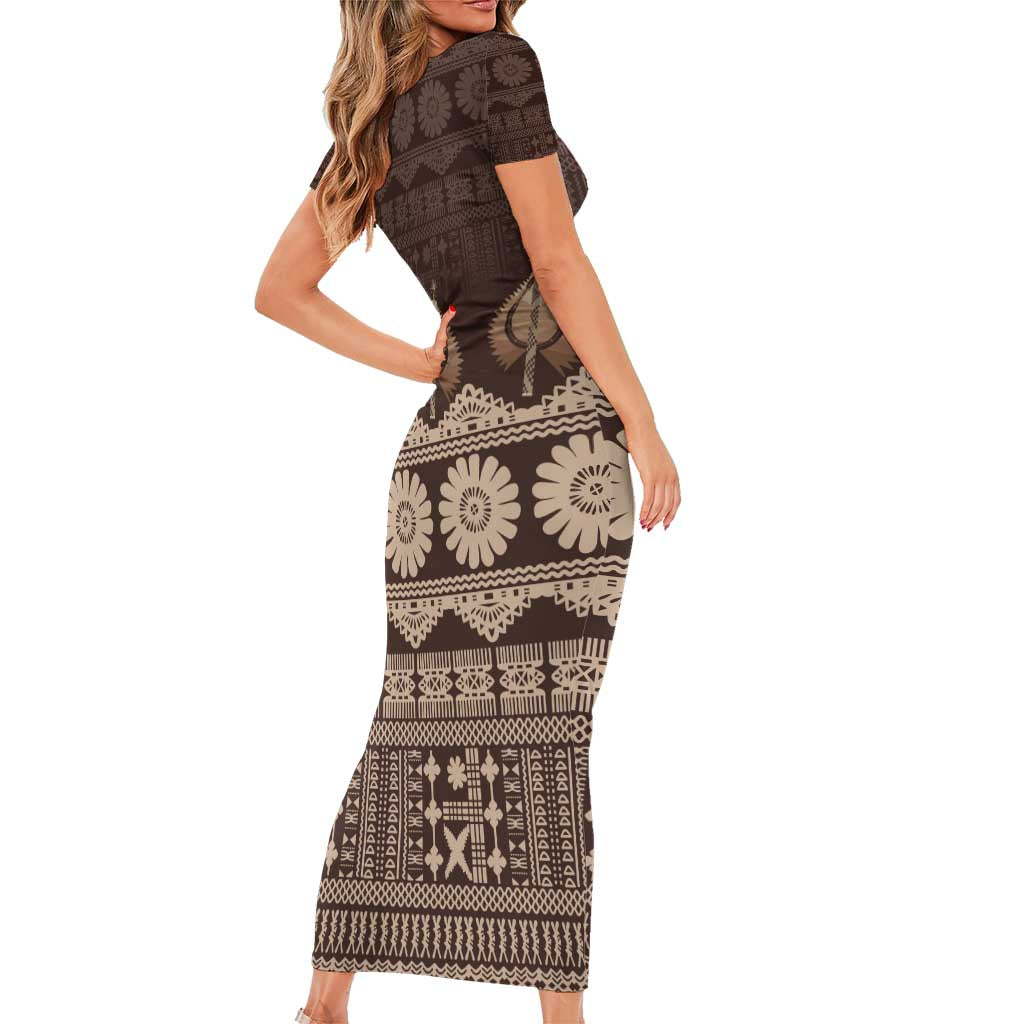 Bula Fiji Iri ni Meke Short Sleeve Bodycon Dress Kuvui Fijian Masi - Polynesian Pride