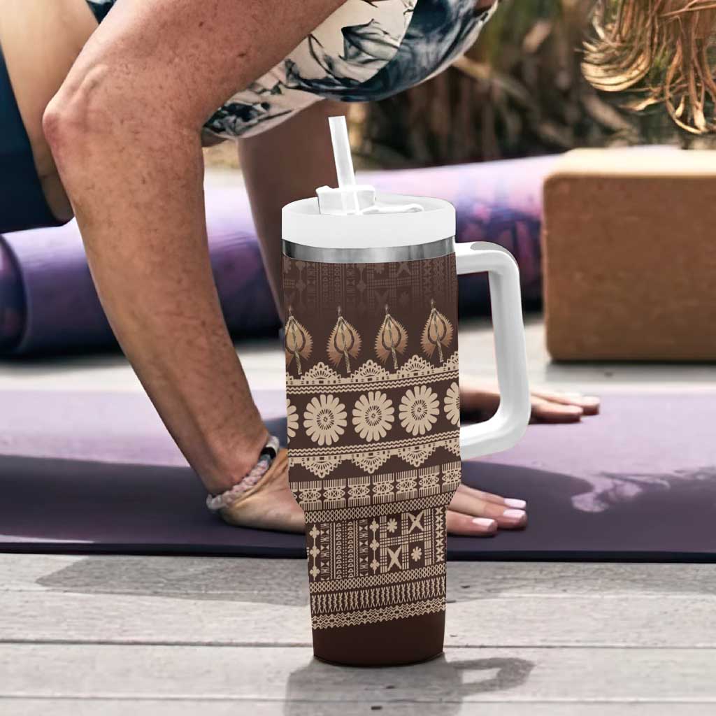 Bula Fiji Iri ni Meke Tumbler With Handle Kuvui Fijian Masi LT14 - Polynesian Pride