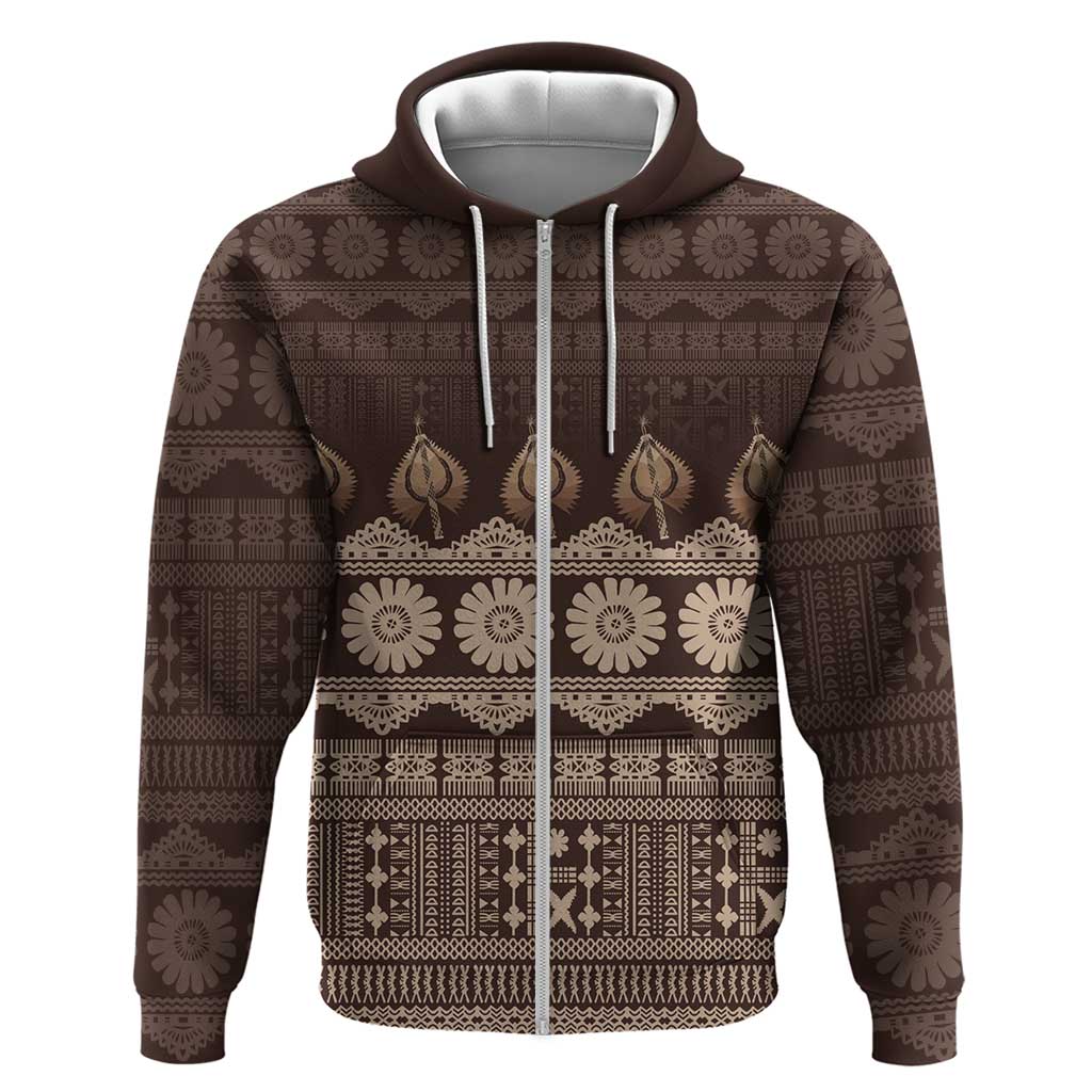 Bula Fiji Iri ni Meke Zip Hoodie Kuvui Fijian Masi LT14 Zip Hoodie Brown - Polynesian Pride