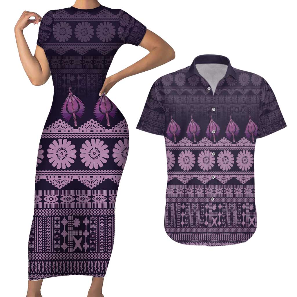 Bula Fiji Iri ni Meke Couples Matching Short Sleeve Bodycon Dress and Hawaiian Shirt Lokaloka Fijian Masi - Polynesian Pride