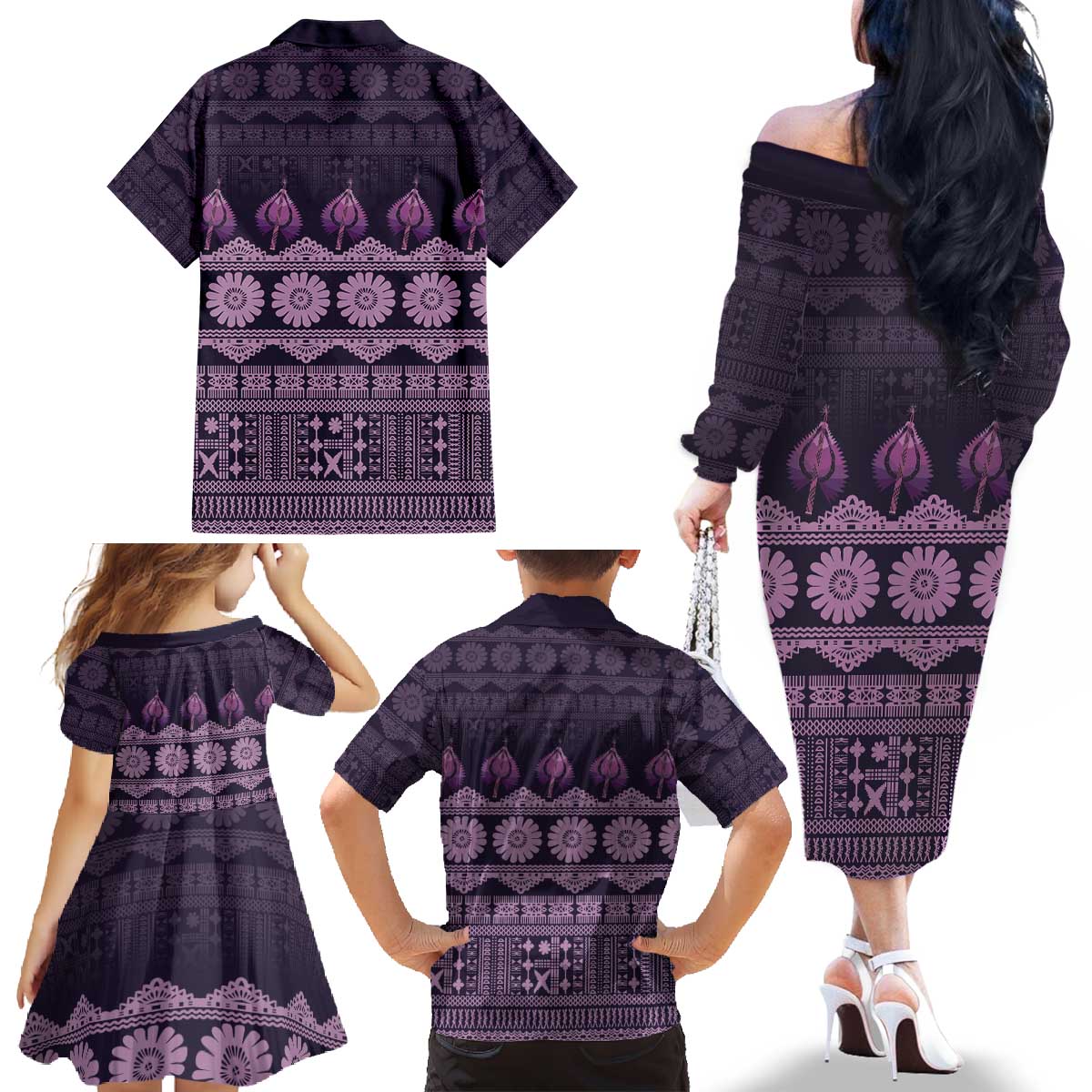 Bula Fiji Iri ni Meke Family Matching Off The Shoulder Long Sleeve Dress and Hawaiian Shirt Lokaloka Fijian Masi - Polynesian Pride