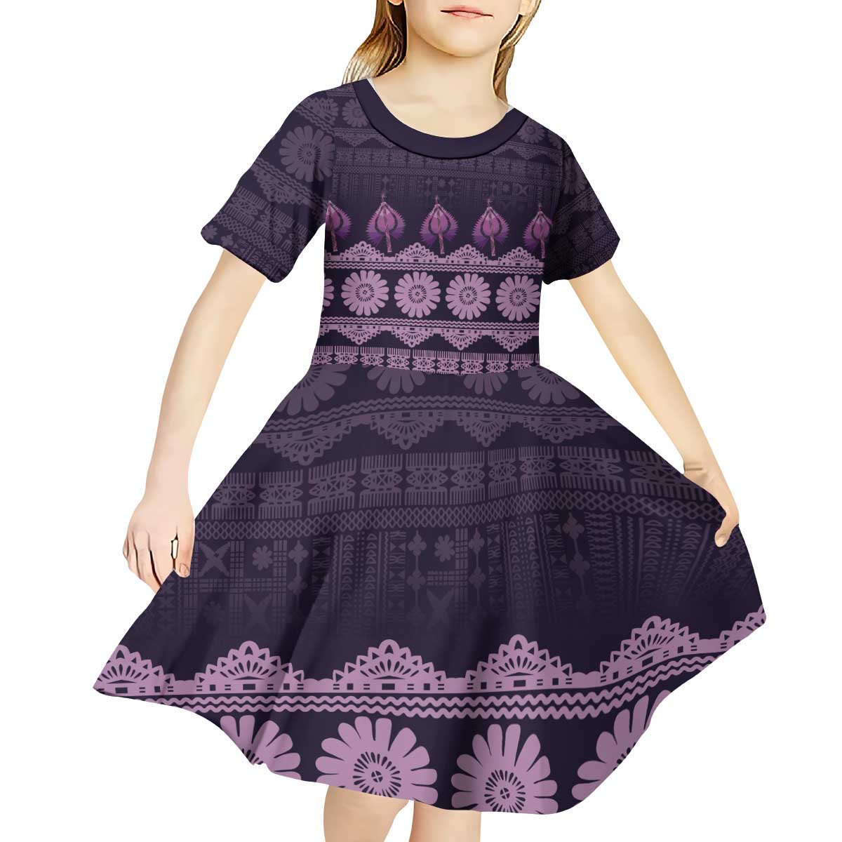 Bula Fiji Iri ni Meke Kid Short Sleeve Dress Lokaloka Fijian Masi - Polynesian Pride