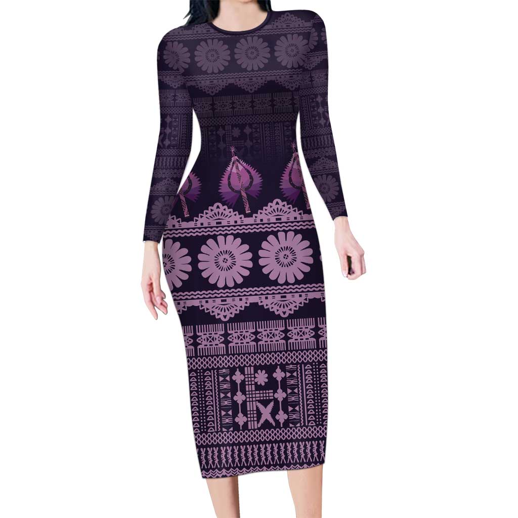 Bula Fiji Iri ni Meke Long Sleeve Bodycon Dress Lokaloka Fijian Masi - Polynesian Pride