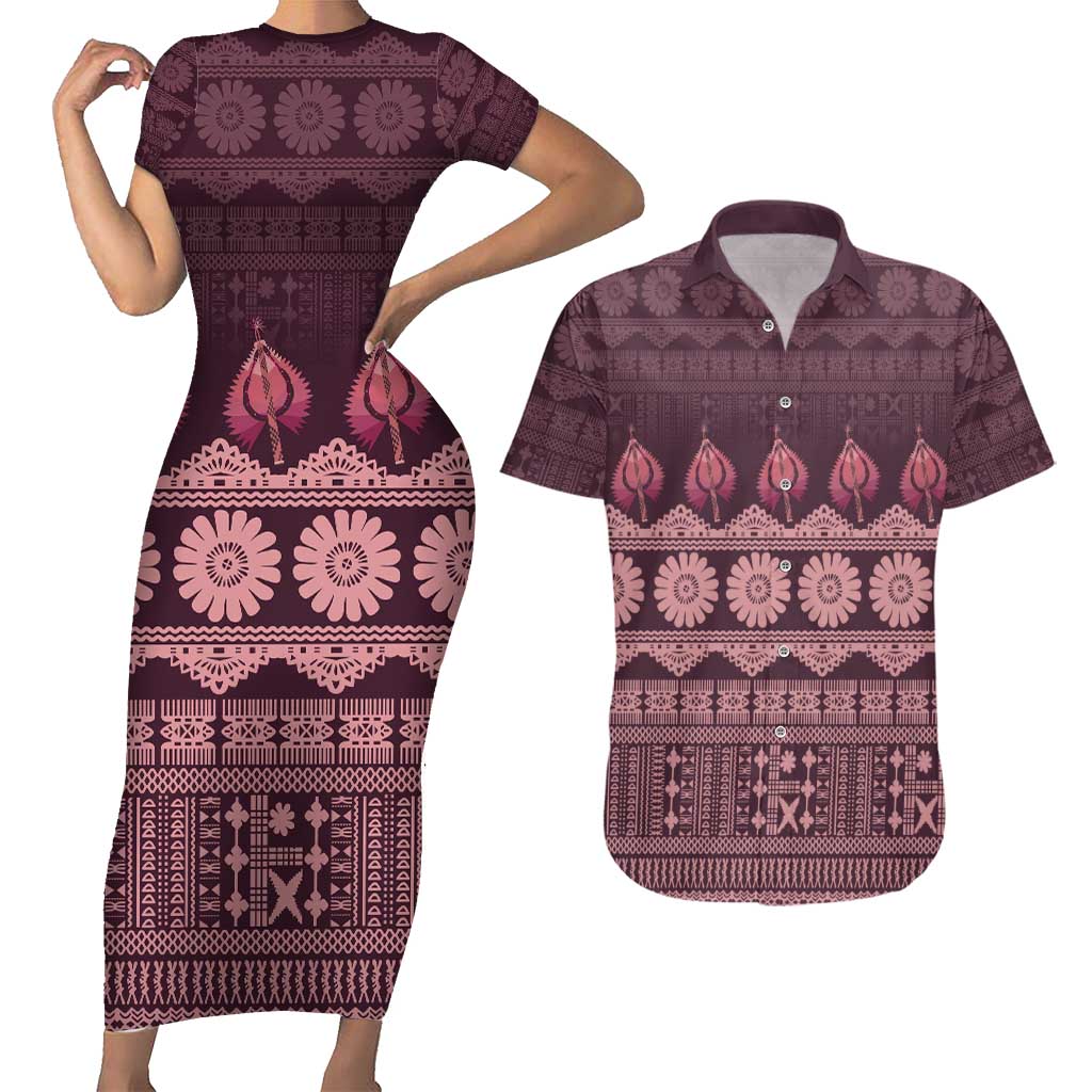 Bula Fiji Iri ni Meke Couples Matching Short Sleeve Bodycon Dress and Hawaiian Shirt Piqi Fijian Masi - Polynesian Pride