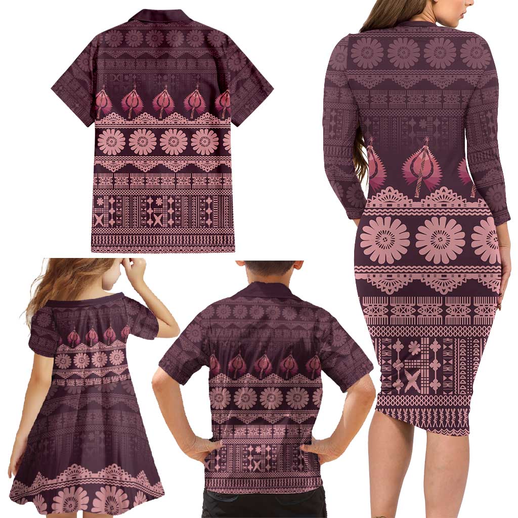 Bula Fiji Iri ni Meke Family Matching Long Sleeve Bodycon Dress and Hawaiian Shirt Piqi Fijian Masi - Polynesian Pride