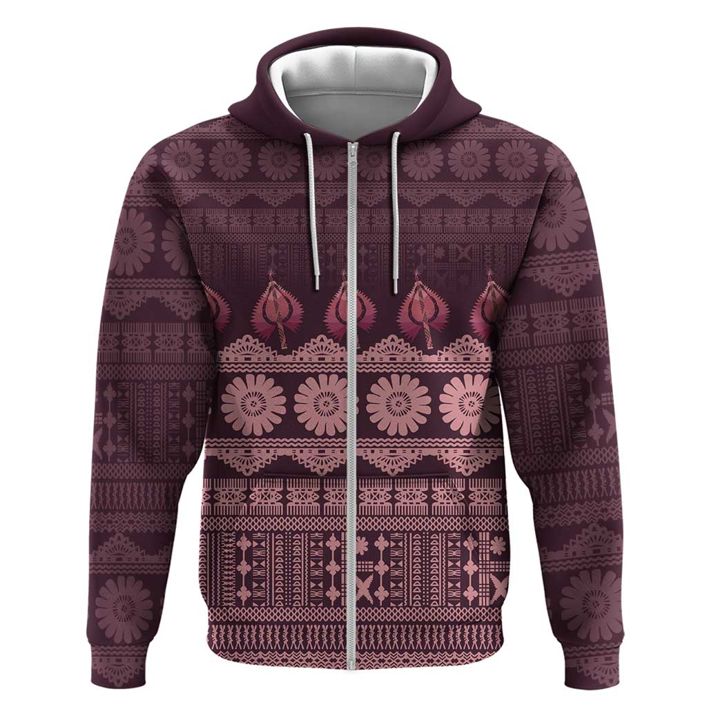 Bula Fiji Iri ni Meke Hoodie Piqi Fijian Masi LT14 Zip Hoodie Pink - Polynesian Pride