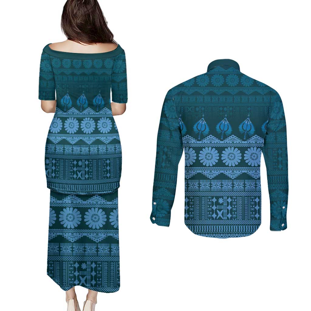 Bula Fiji Iri ni Meke Couples Matching Puletasi and Long Sleeve Button Shirt Karakarawa Fijian Masi - Polynesian Pride