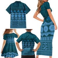 Bula Fiji Iri ni Meke Family Matching Short Sleeve Bodycon Dress and Hawaiian Shirt Karakarawa Fijian Masi - Polynesian Pride