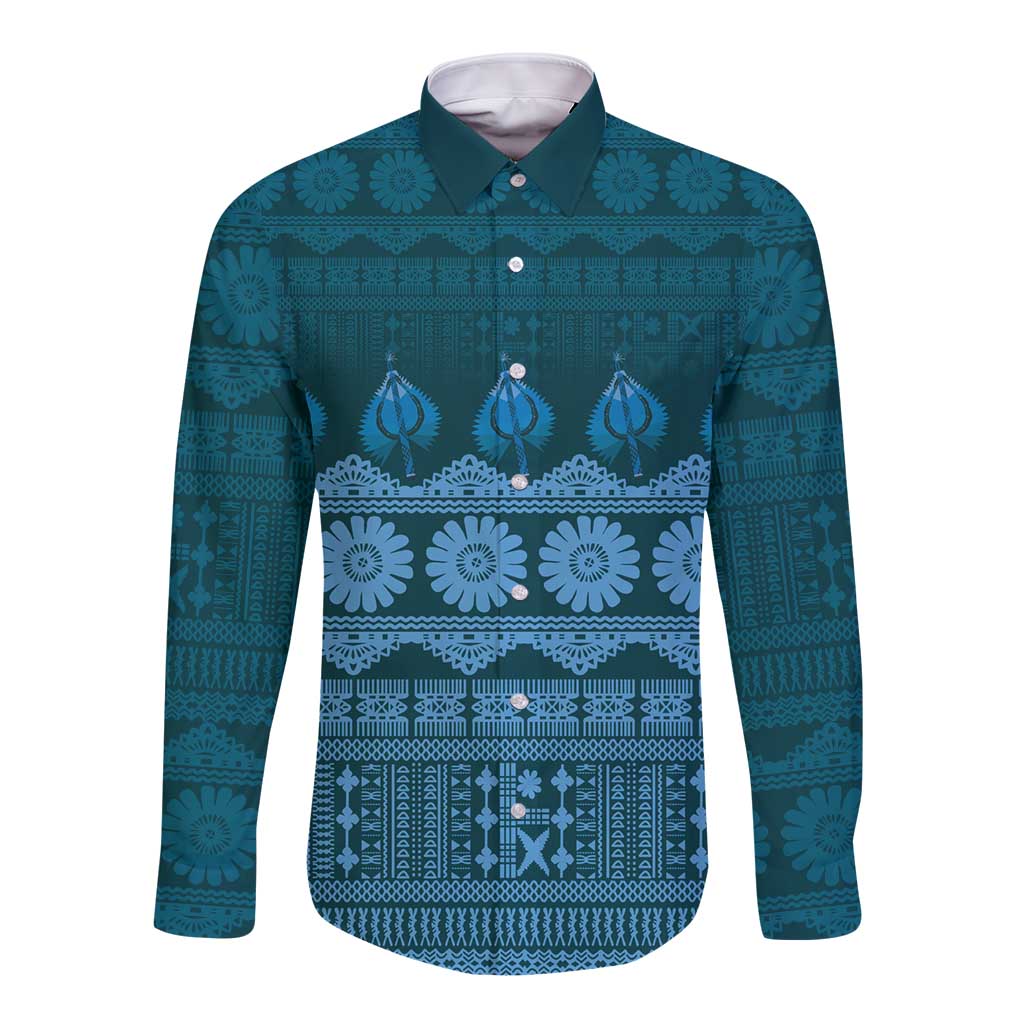 Bula Fiji Iri ni Meke Long Sleeve Button Shirt Karakarawa Fijian Masi LT14 Unisex Blue - Polynesian Pride