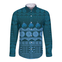 Bula Fiji Iri ni Meke Long Sleeve Button Shirt Karakarawa Fijian Masi LT14 Unisex Blue - Polynesian Pride