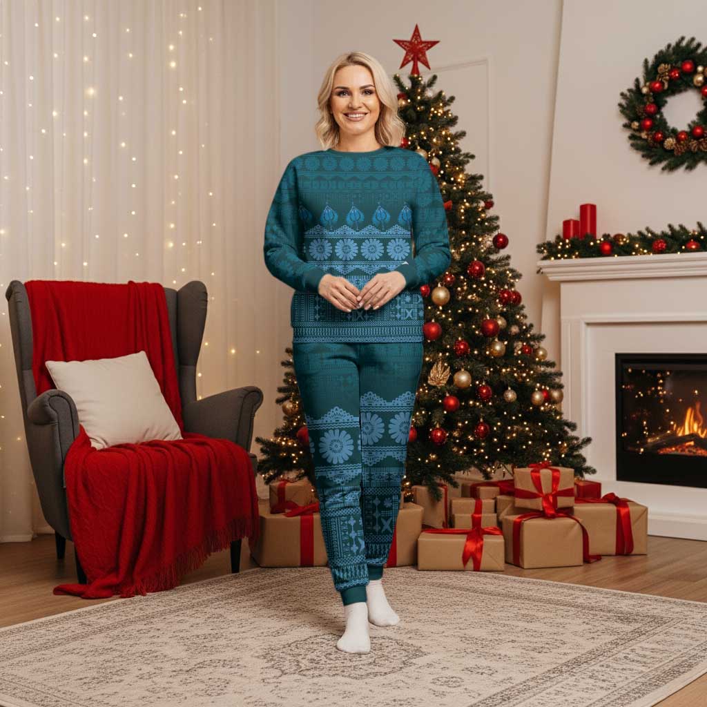 Bula Fiji Iri ni Meke Christmas Pajama Set Karakarawa Fijian Masi LT14 Women Blue - Polynesian Pride