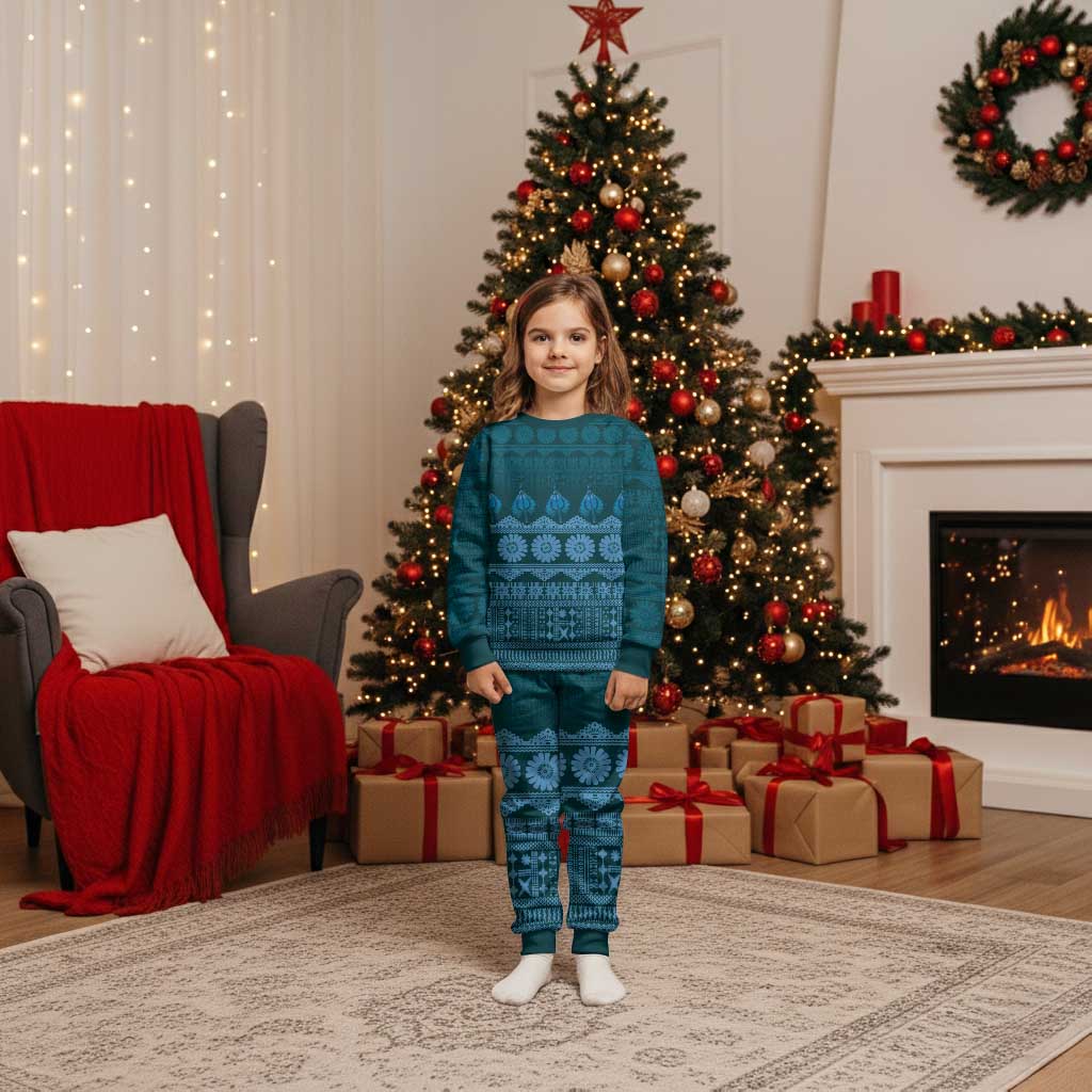 Bula Fiji Iri ni Meke Christmas Pajama Set Karakarawa Fijian Masi LT14 Kid Blue - Polynesian Pride