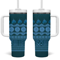 Bula Fiji Iri ni Meke Tumbler With Handle Karakarawa Fijian Masi LT14 One Size: 40 oz Blue - Polynesian Pride