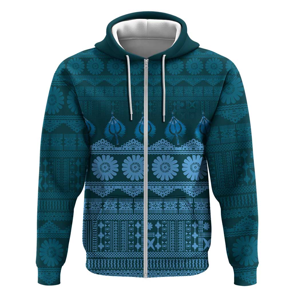 Bula Fiji Iri ni Meke Zip Hoodie Karakarawa Fijian Masi LT14 Zip Hoodie Blue - Polynesian Pride