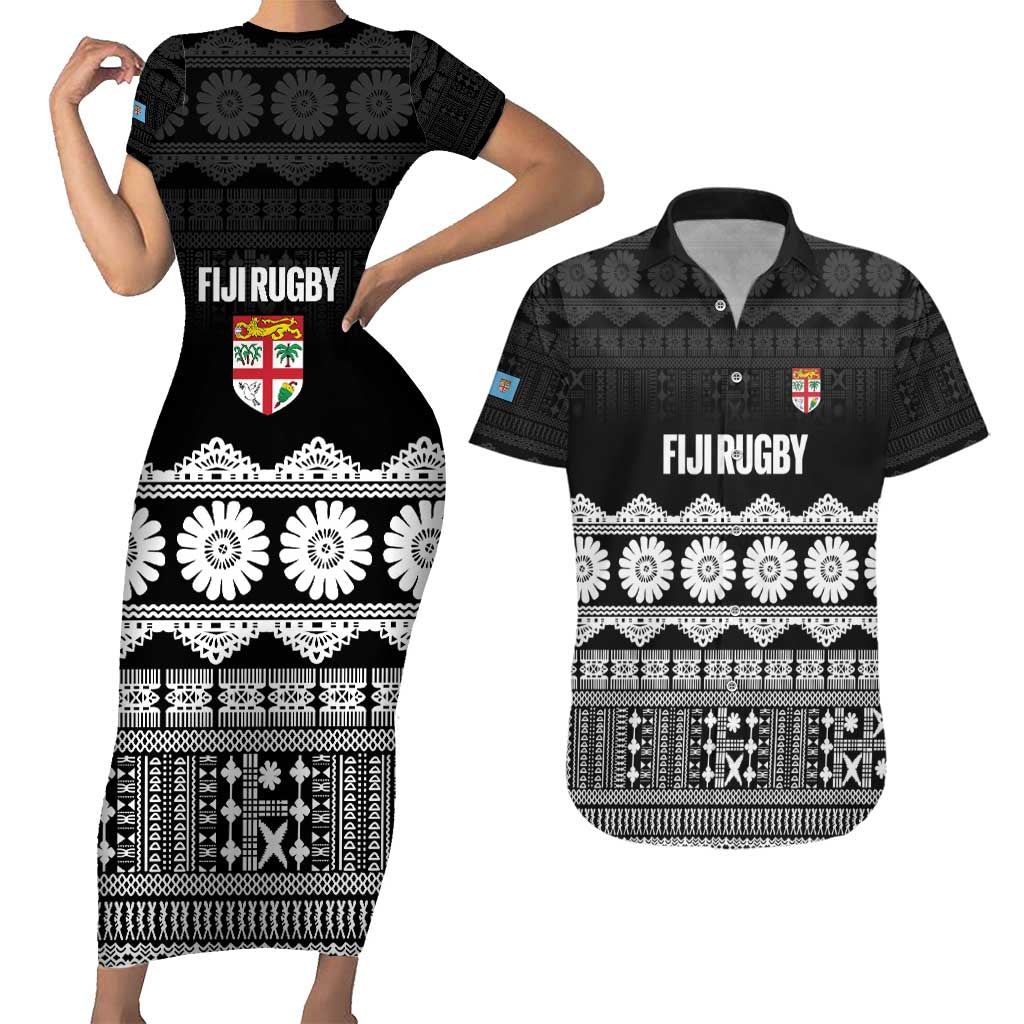 Fiji Tapa Rugby Custom Couples Matching Short Sleeve Bodycon Dress and Hawaiian Shirt Go Fijiana - Polynesian Pride