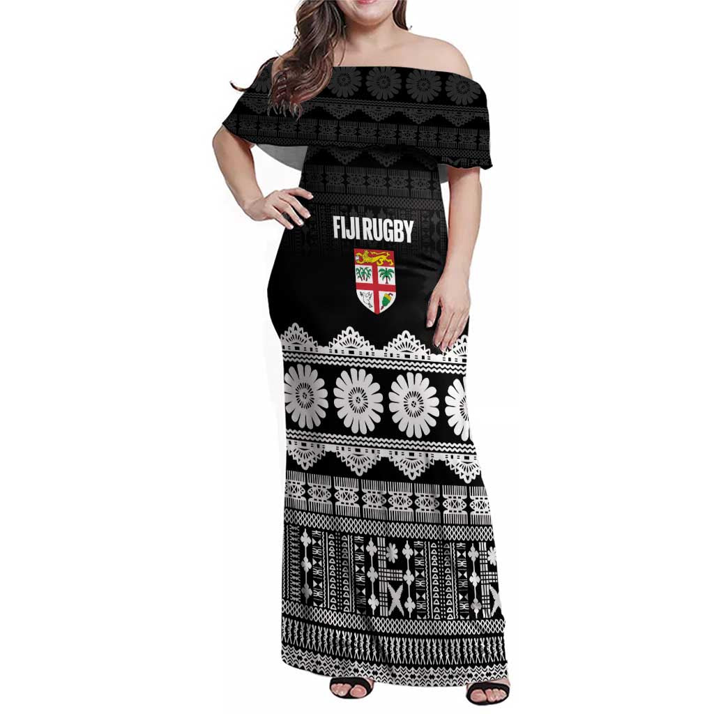 Fiji Tapa Rugby Custom Family Matching Off Shoulder Maxi Dress and Hawaiian Shirt Go Fijiana - Polynesian Pride