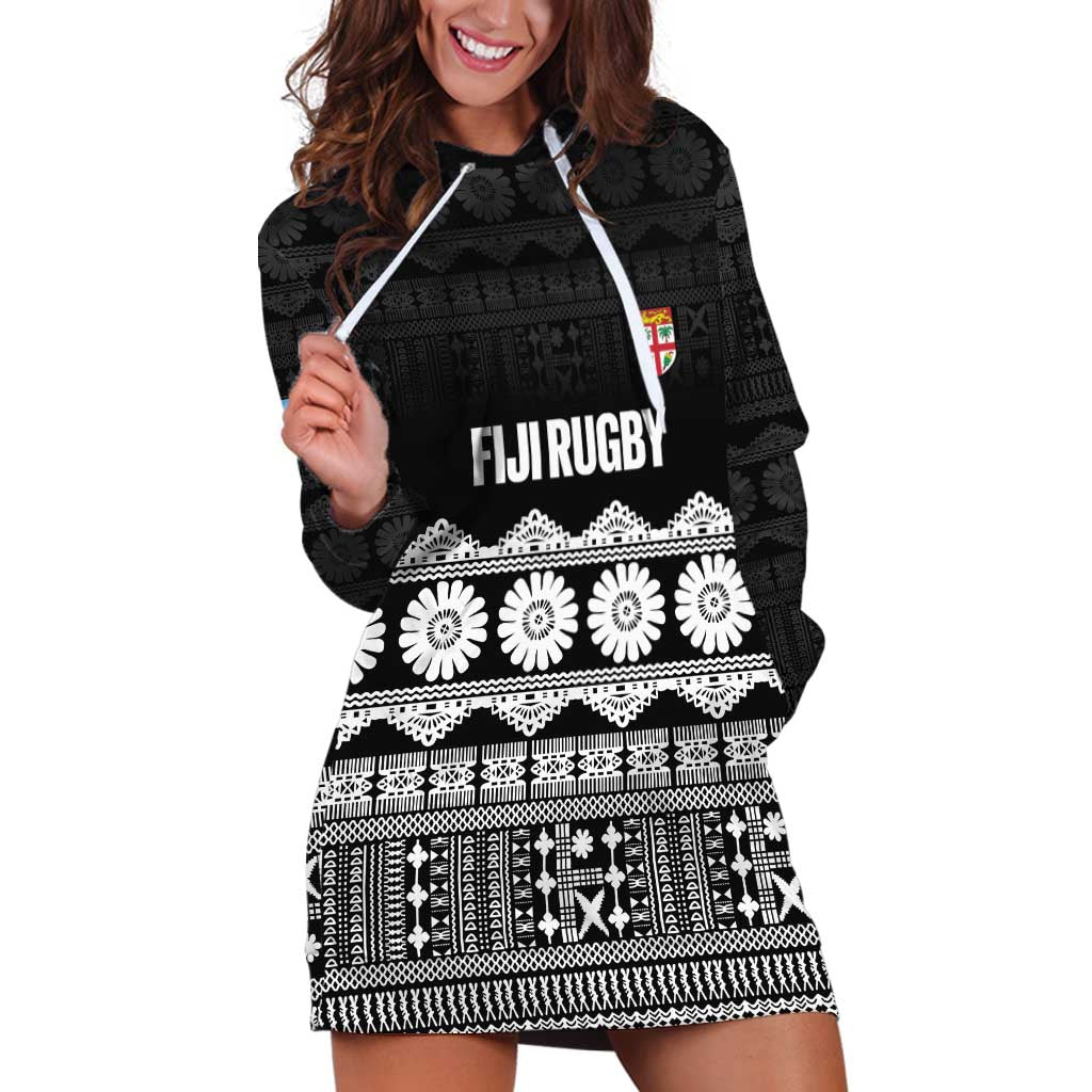 Fiji Tapa Rugby Custom Hoodie Dress Go Fijiana LT14 Black - Polynesian Pride