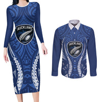 Auckland 2026 Rugby Custom Couples Matching Long Sleeve Bodycon Dress and Long Sleeve Button Shirt NZ Maori Silver Fern LT14 Blue - Polynesian Pride