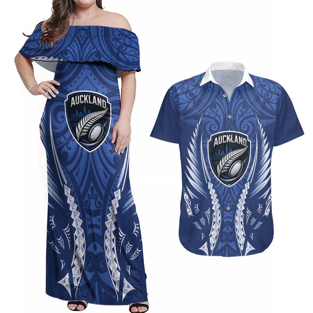 Auckland 2026 Rugby Custom Couples Matching Off Shoulder Maxi Dress and Hawaiian Shirt NZ Maori Silver Fern LT14 Blue - Polynesian Pride