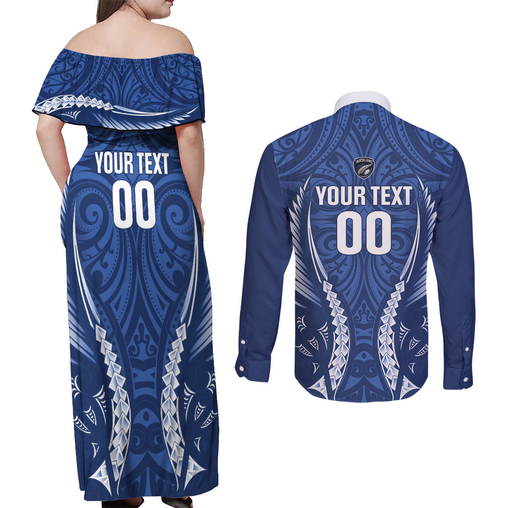 Auckland 2026 Rugby Custom Couples Matching Off Shoulder Maxi Dress and Long Sleeve Button Shirt NZ Maori Silver Fern LT14 - Polynesian Pride