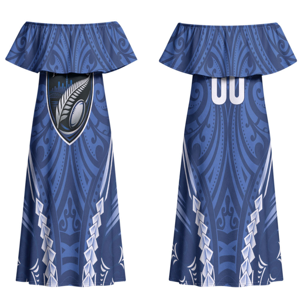 Auckland 2026 Rugby Custom Couples Matching Off Shoulder Maxi Dress and Long Sleeve Button Shirt NZ Maori Silver Fern LT14 - Polynesian Pride