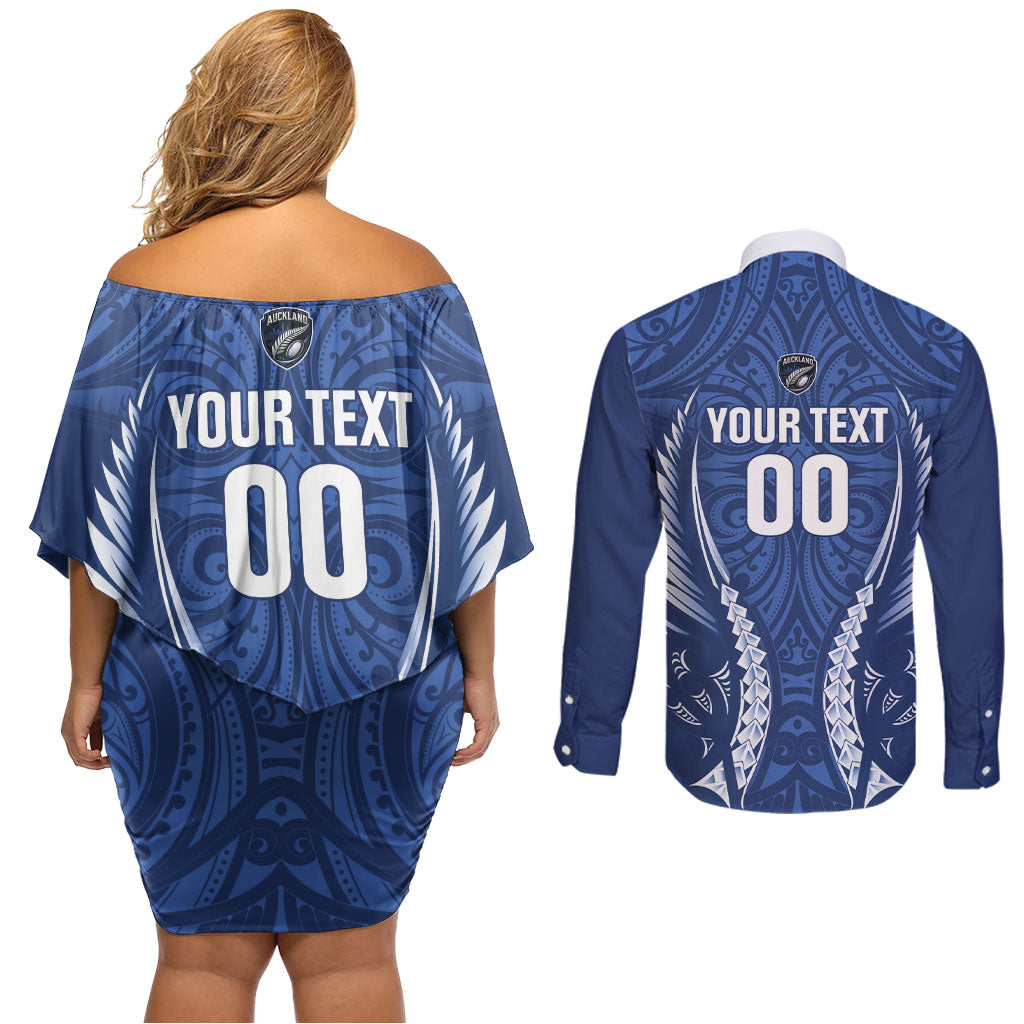 Auckland 2026 Rugby Custom Couples Matching Off Shoulder Short Dress and Long Sleeve Button Shirt NZ Maori Silver Fern LT14 - Polynesian Pride