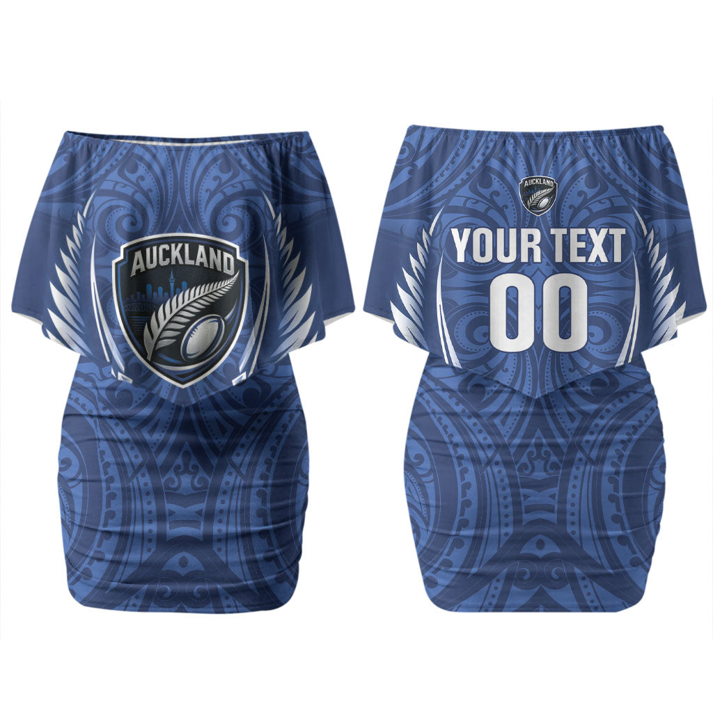 Auckland 2026 Rugby Custom Couples Matching Off Shoulder Short Dress and Long Sleeve Button Shirt NZ Maori Silver Fern LT14 - Polynesian Pride