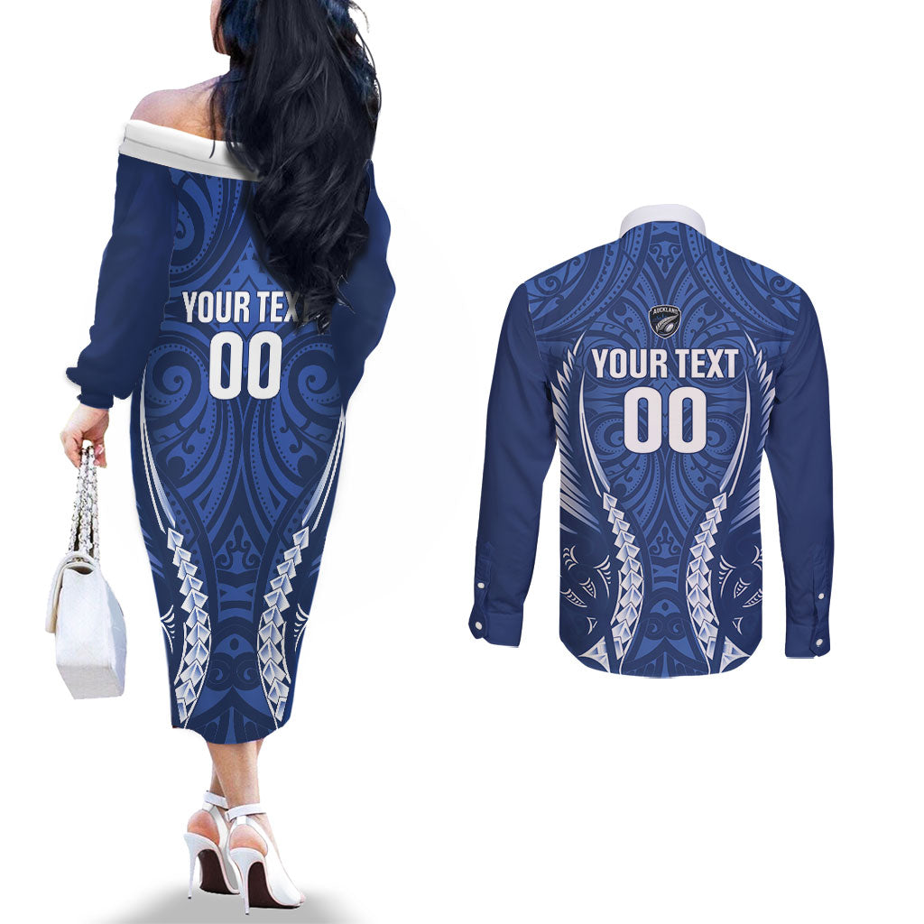 Auckland 2026 Rugby Custom Couples Matching Off The Shoulder Long Sleeve Dress and Long Sleeve Button Shirt NZ Maori Silver Fern LT14 - Polynesian Pride